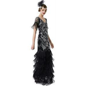 Women's Flapper Dress 1920s V-Neck Evening Gown Sequin Beaded Maxi Dress for Wed